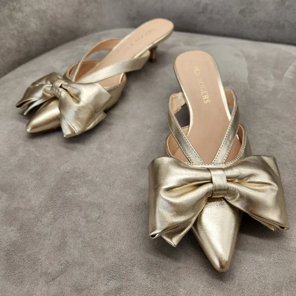 Jack Rogers Dress Mule 9 Gold Champagne Leather Cynthia Bow Kitten Heel Metallic - Picture 4 of 16